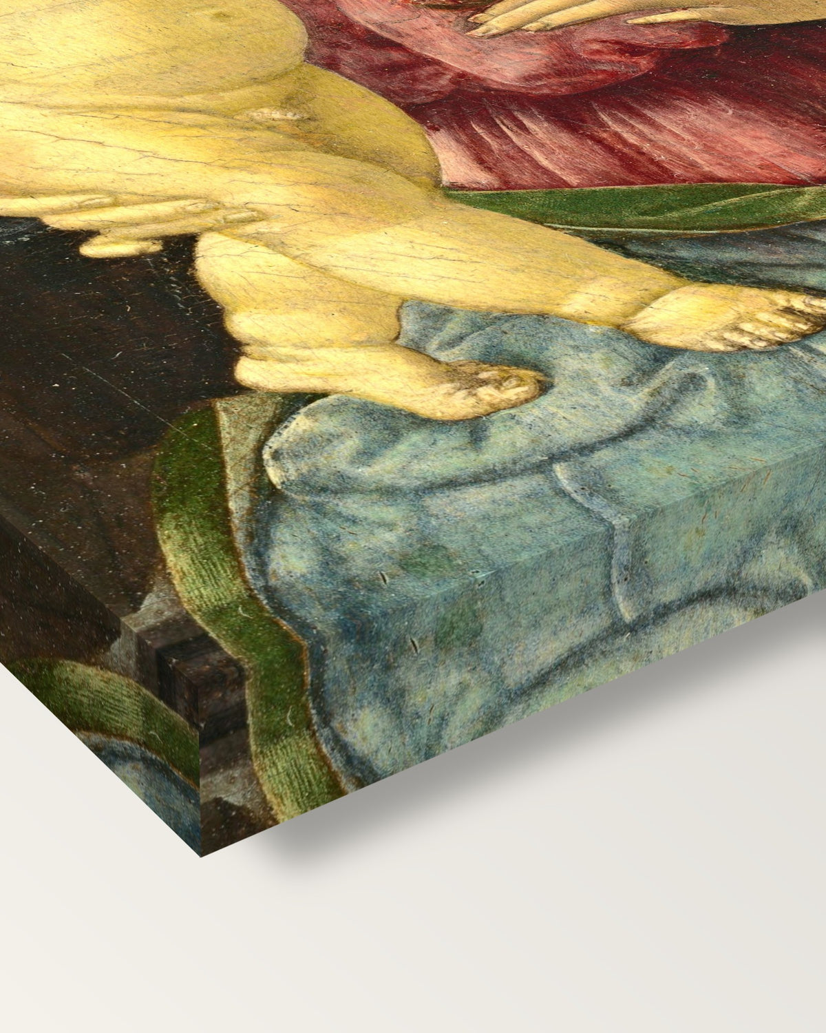 Madonna with a Pomegranate by di Credi on stretched canvas, corner close-up: the painting mirror-wrapped round the sides