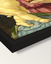Madonna with a Pomegranate framed canvas, corner close-up: a black floating frame with a shadow gap round the canvas