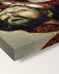 Judith by Lucas Cranach the Elder on stretched canvas, corner close-up: the painting mirror-wrapped round the sides