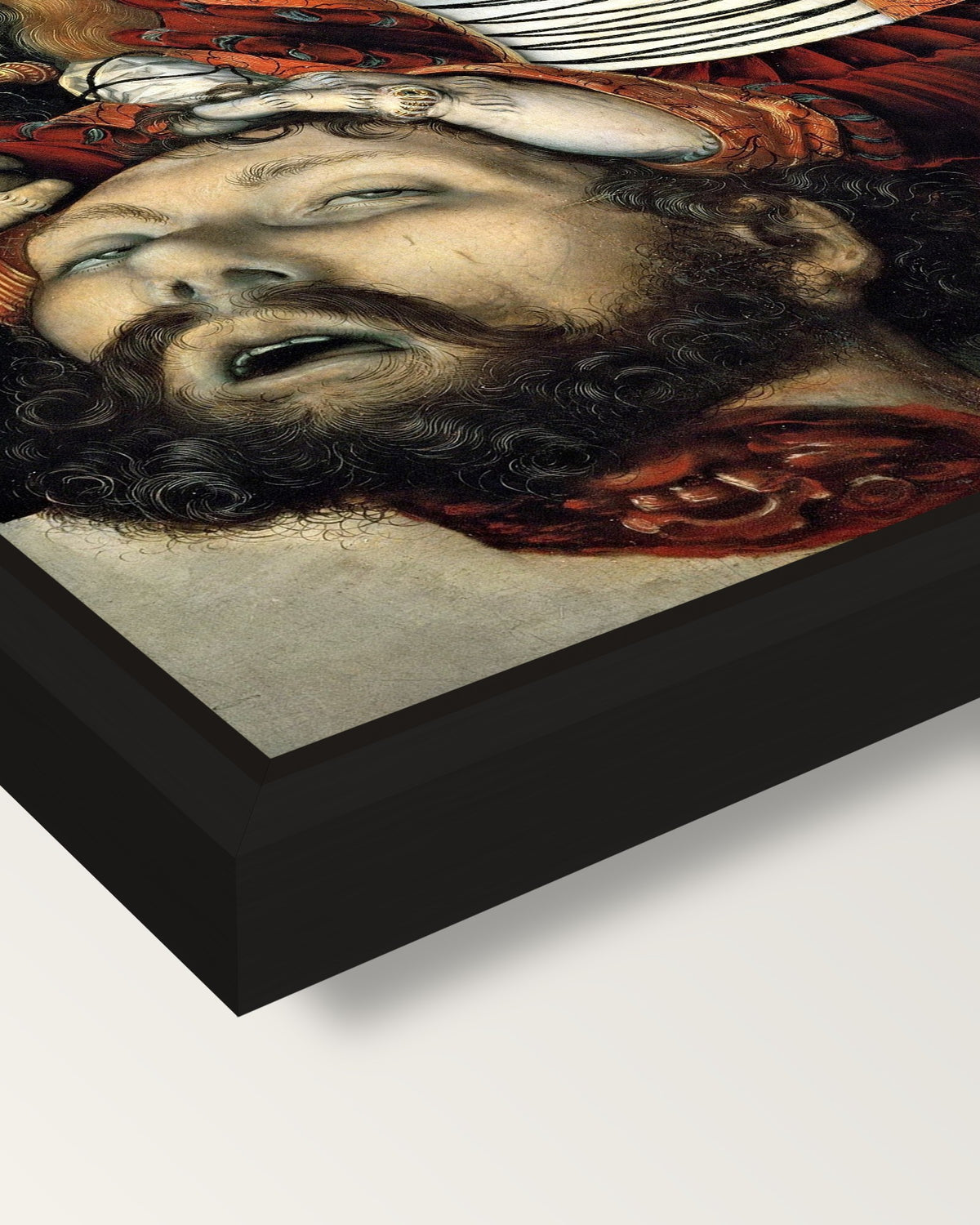 Judith by Lucas Cranach the Elder framed canvas, corner close-up: a black floating frame with a shadow gap round the canvas