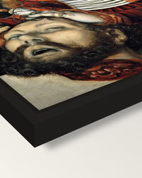 Judith by Lucas Cranach the Elder framed canvas, corner close-up: a black floating frame with a shadow gap round the canvas
