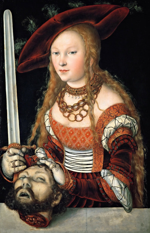 Judith by Cranach: a young woman in a wide red hat and gold chains holds an upright sword, a man’s head on the ledge