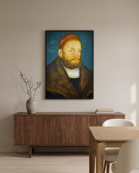 Margrave Casimir by Lucas Cranach the Elder in a black frame above a walnut sideboard in a dining room