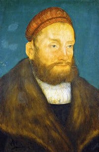 Margrave Casimir by Cranach: a man with a red beard in an orange cap and heavy brown fur against a teal background