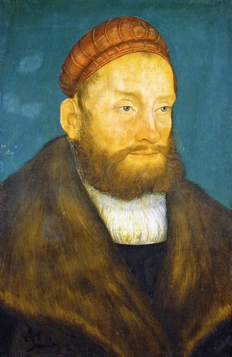 Margrave Casimir by Cranach: a man with a red beard in an orange cap and heavy brown fur against a teal background