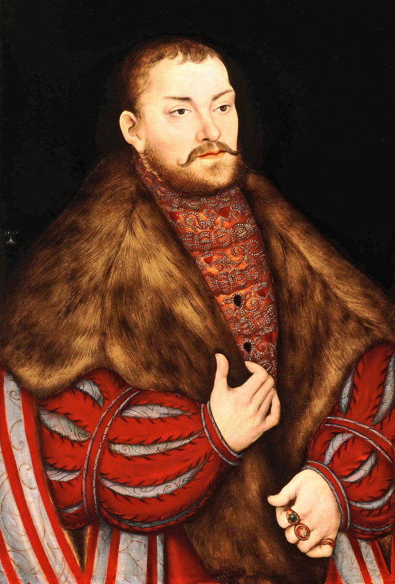 Portrait of Joachim II by Lucas Cranach the Elder: a bearded young prince in a fur coat over striped red sleeves