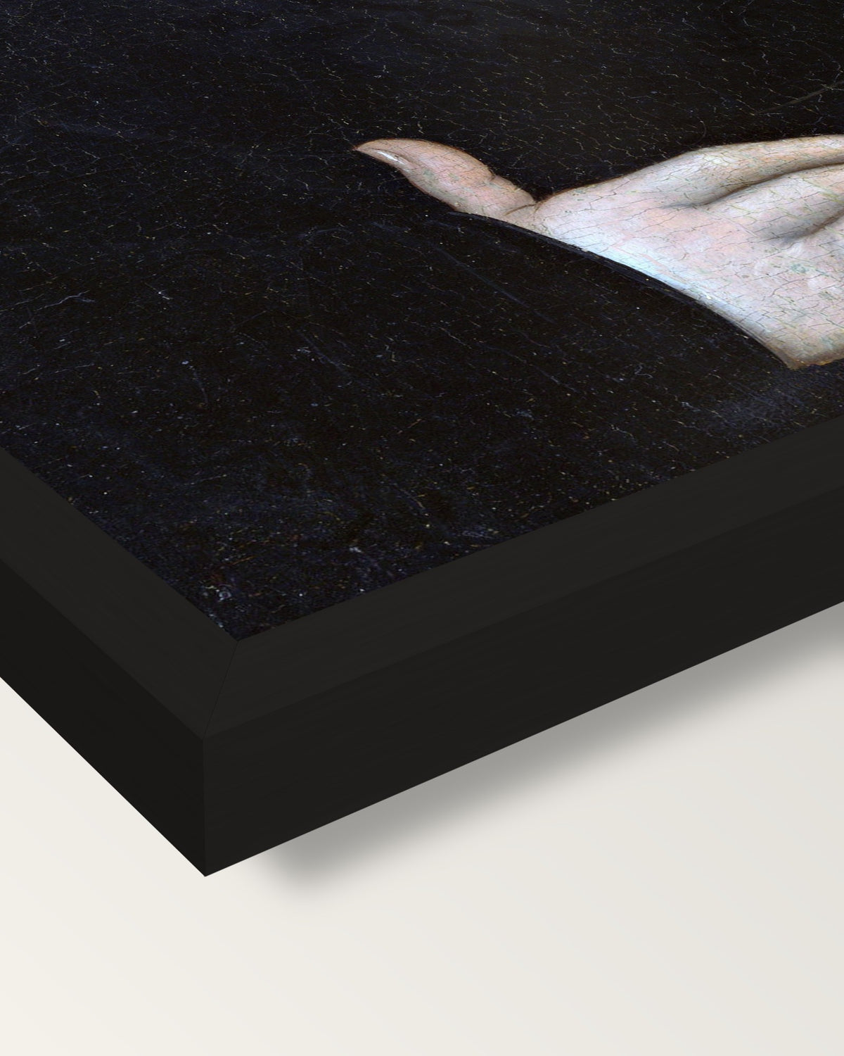 Portrait of Johann Feige framed print, corner close-up: black moulding, mitred, the print set just below its edge