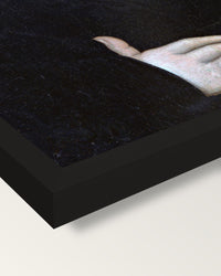 Portrait of Johann Feige framed print, corner close-up: black moulding, mitred, the print set just below its edge