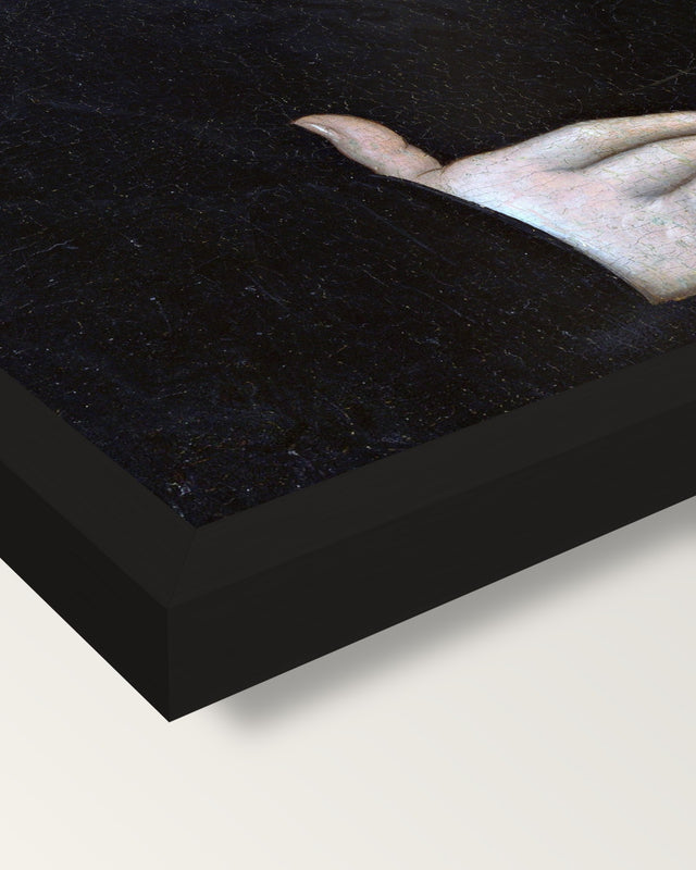 Portrait of Johann Feige framed print, corner close-up: black moulding, mitred, the print set just below its edge