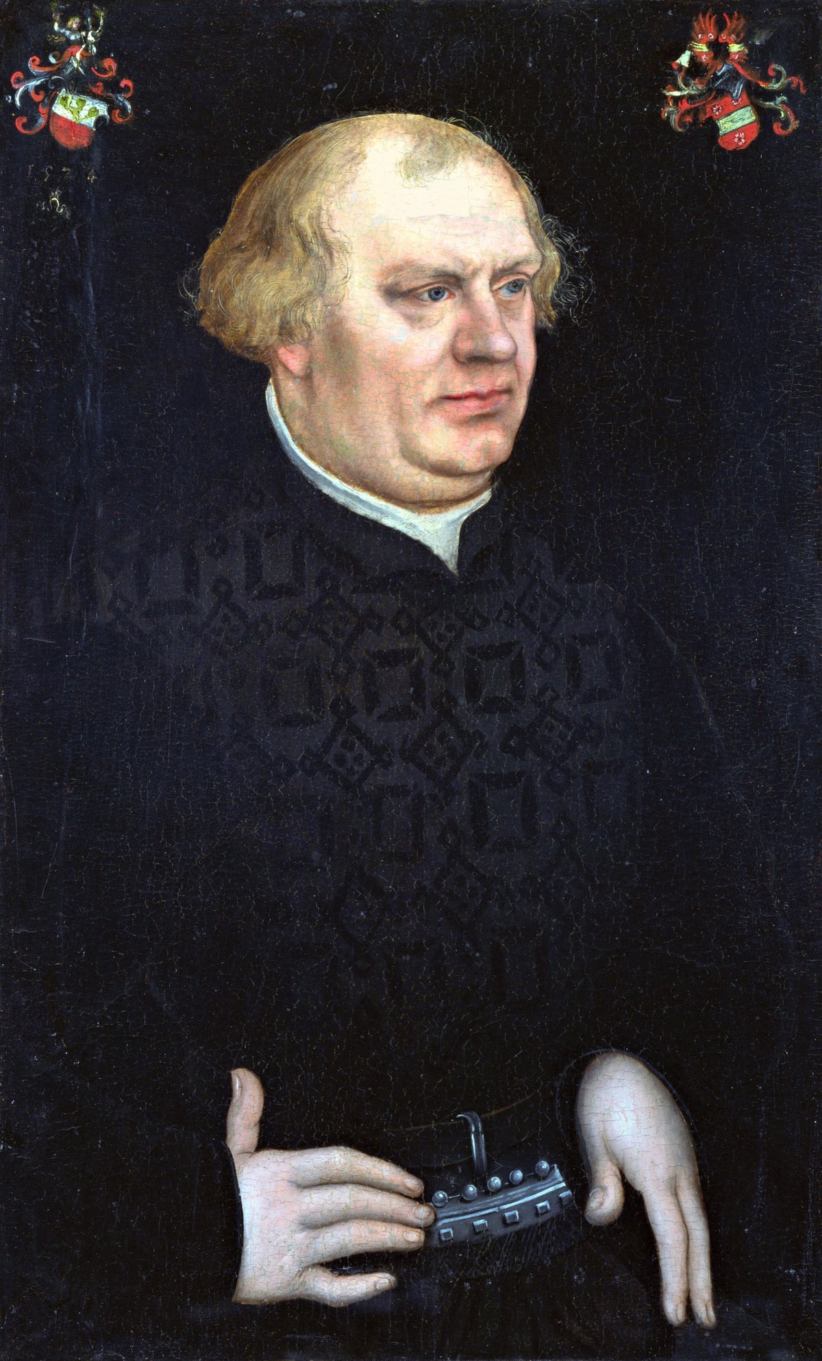 Portrait of Johann Feige by Cranach: a balding man in black with a money bag at his belt, two coats of arms above