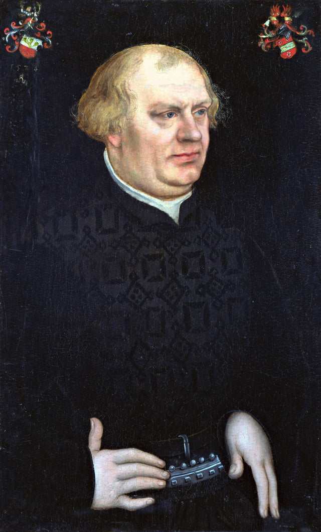 Portrait of Johann Feige by Cranach: a balding man in black with a money bag at his belt, two coats of arms above
