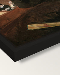 In the Loge by Mary Cassatt framed canvas, corner close-up: a black floating frame with a shadow gap round the canvas