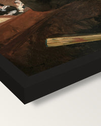 In the Loge by Mary Cassatt framed print, corner close-up: black moulding, mitred, the print set just below its edge