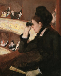 In the Loge by Mary Cassatt: a woman in black raising opera glasses in a theatre box, a man in a far box watching her