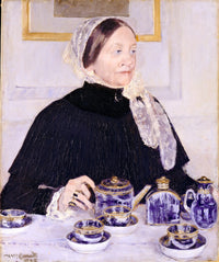 Lady at the Tea Table by Mary Cassatt: an older woman in black with a lace veil behind a gilded blue-and-white tea set