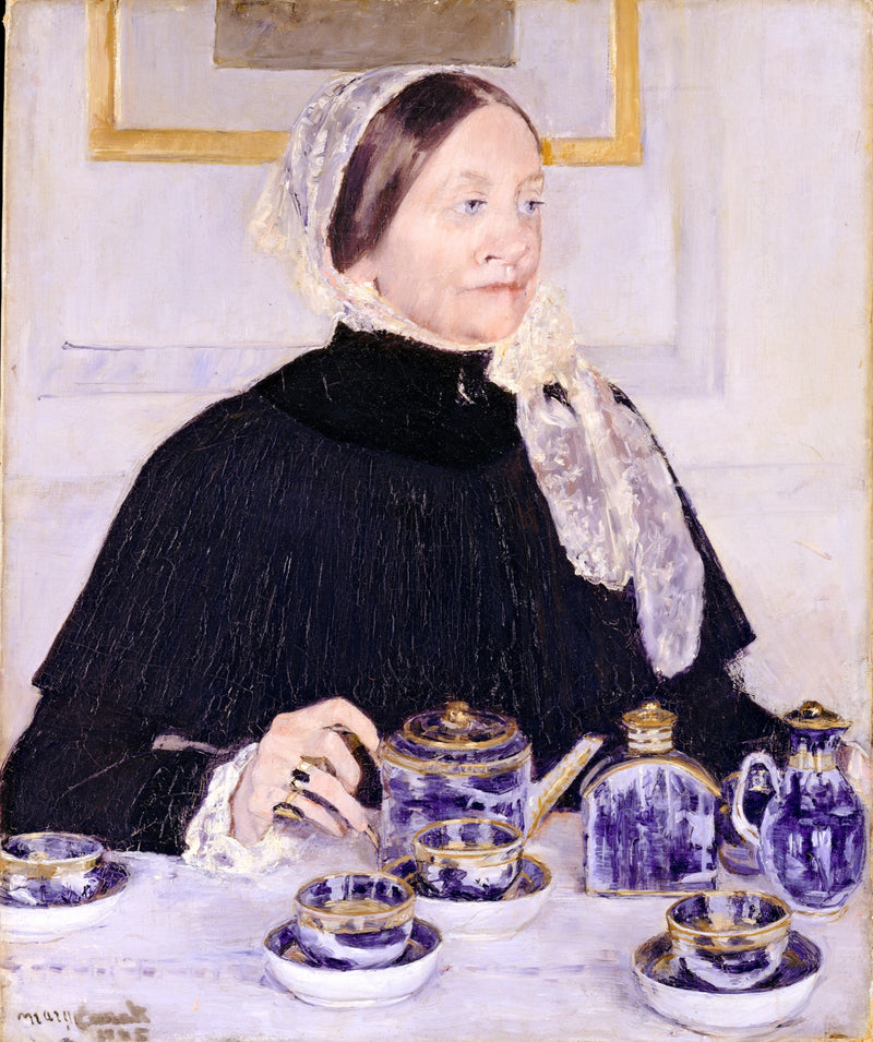 Lady at the Tea Table by Mary Cassatt: an older woman in black with a lace veil behind a gilded blue-and-white tea set