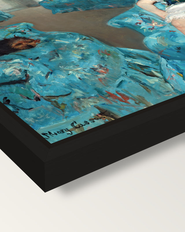 Girl in a Blue Armchair by Cassatt framed canvas, corner close-up: a black floating frame with a shadow gap round the canvas