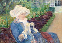 Lydia Crocheting in the Garden at Marly by Mary Cassatt: a woman in a lace bonnet and blue dress crocheting in a garden
