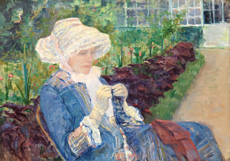 Lydia Crocheting in the Garden at Marly by Mary Cassatt: a woman in a lace bonnet and blue dress crocheting in a garden