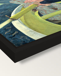 The Boating Party by Mary Cassatt framed canvas, corner close-up: a black floating frame with a shadow gap round the canvas
