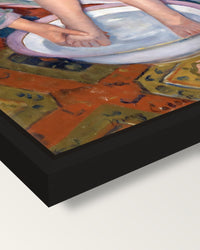 The Child’s Bath by Mary Cassatt framed canvas, corner close-up: a black floating frame with a shadow gap round the canvas