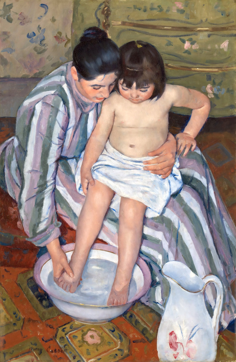The Child’s Bath by Mary Cassatt: a woman in a striped dress holds a child on her lap and washes its foot in a basin