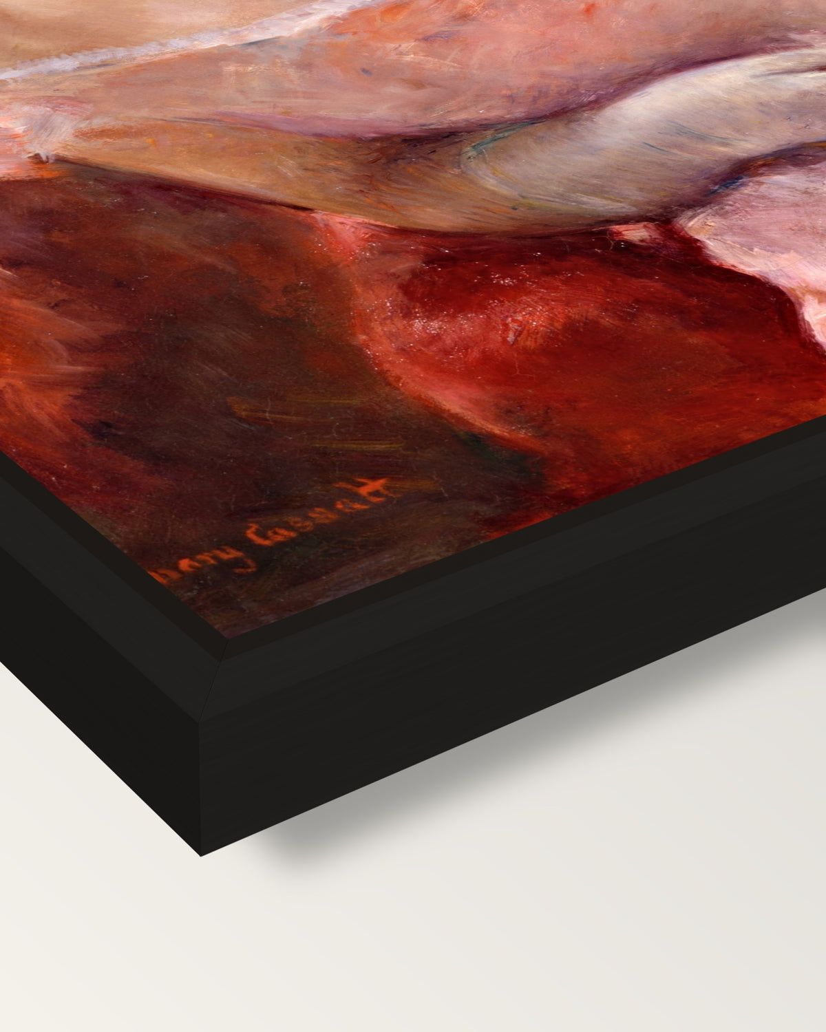Woman with a Pearl Necklace framed canvas, corner close-up: a black floating frame with a shadow gap round the canvas