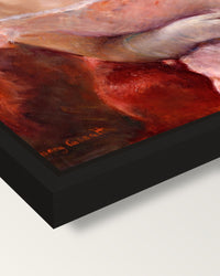 Woman with a Pearl Necklace framed canvas, corner close-up: a black floating frame with a shadow gap round the canvas