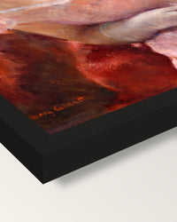 Woman with a Pearl Necklace framed print, corner close-up: black moulding, mitred, the print set just below its edge