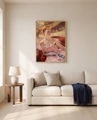 Woman with a Pearl Necklace by Mary Cassatt framed in natural oak above a cream sofa in a warm living room