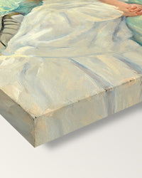 Young Mother Sewing by Mary Cassatt on stretched canvas, corner close-up: the painting mirror-wrapped round the sides