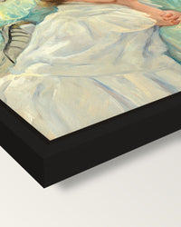 Young Mother Sewing by Mary Cassatt framed canvas, corner close-up: a black floating frame with a shadow gap round the canvas