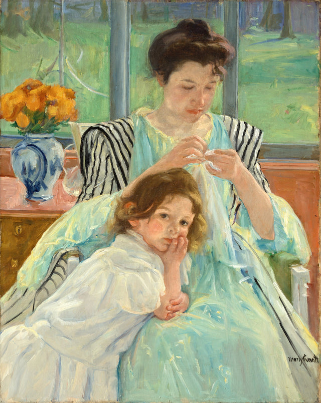 Young Mother Sewing by Mary Cassatt: a mother in a striped dress sewing, a girl in white leaning on her knee, a window behind