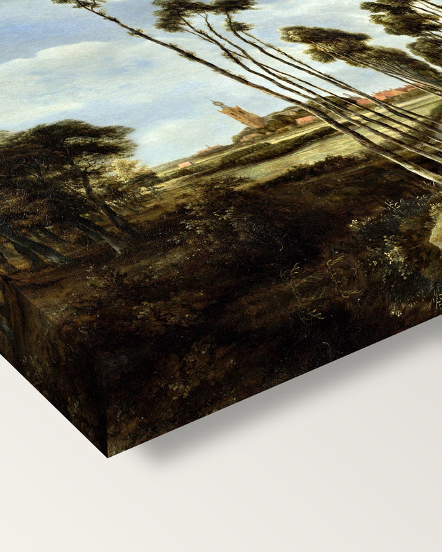The Avenue at Middelharnis by Hobbema on stretched canvas, corner close-up: the painting mirror-wrapped round the sides