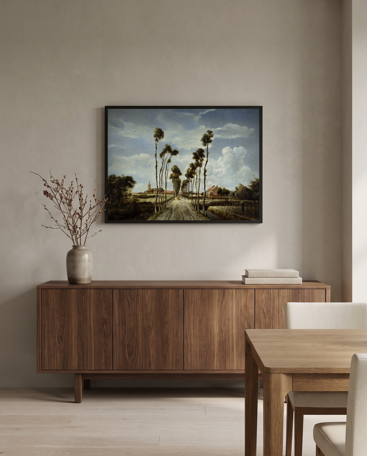 The Avenue at Middelharnis by Meindert Hobbema in a black frame above a walnut sideboard in a dining room
