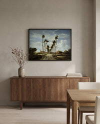 The Avenue at Middelharnis by Meindert Hobbema in a black frame above a walnut sideboard in a dining room