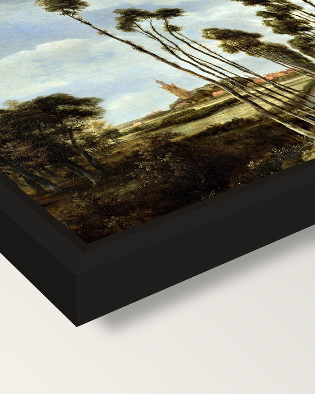 The Avenue at Middelharnis framed canvas, corner close-up: a black floating frame with a shadow gap round the canvas