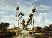 The Avenue at Middelharnis by Hobbema: a straight road between tall thin trees leads to a village church under clouds