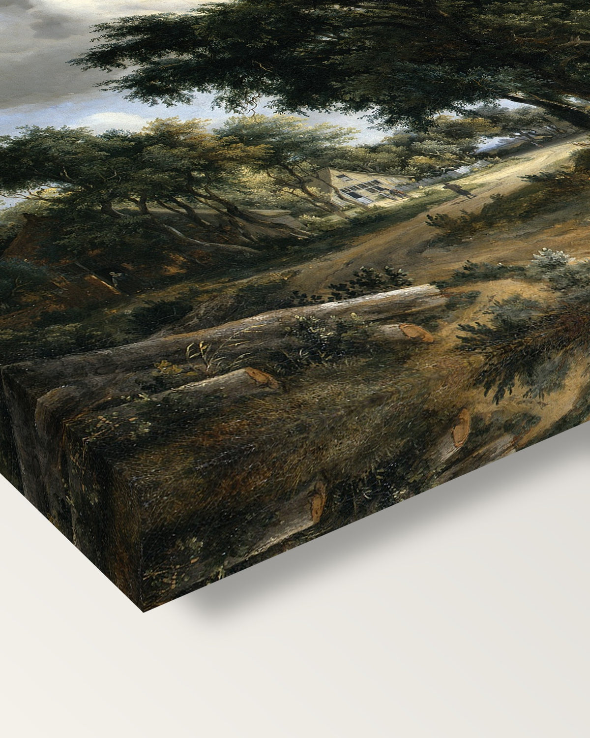 Village Street under Trees by Hobbema on stretched canvas, corner close-up: the painting mirror-wrapped round the sides