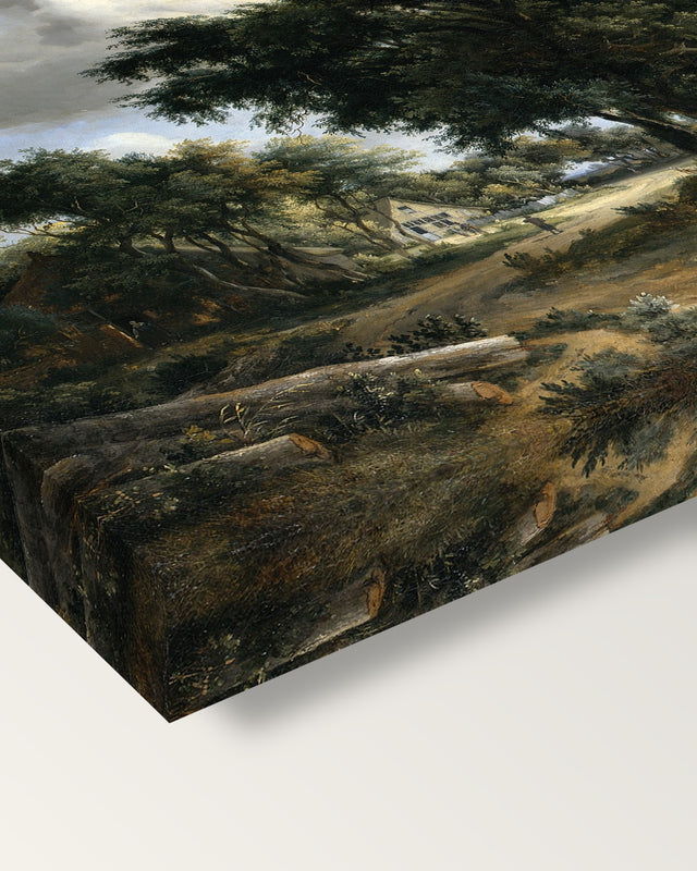 Village Street under Trees by Hobbema on stretched canvas, corner close-up: the painting mirror-wrapped round the sides
