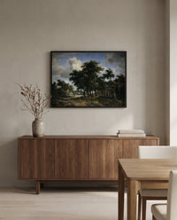 Village Street under Trees by Meindert Hobbema in a black frame above a walnut sideboard in a dining room