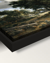 Village Street under Trees by Hobbema framed canvas, corner close-up: black floating frame, painted edge in the shadow gap