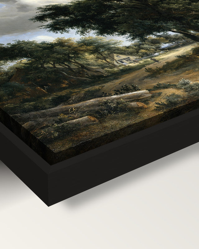 Village Street under Trees by Hobbema framed canvas, corner close-up: black floating frame, painted edge in the shadow gap