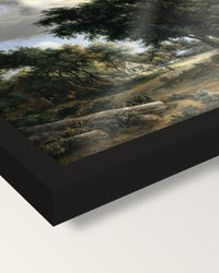 Village Street under Trees by Meindert Hobbema framed print, corner close-up: black moulding, edge to edge, no mat