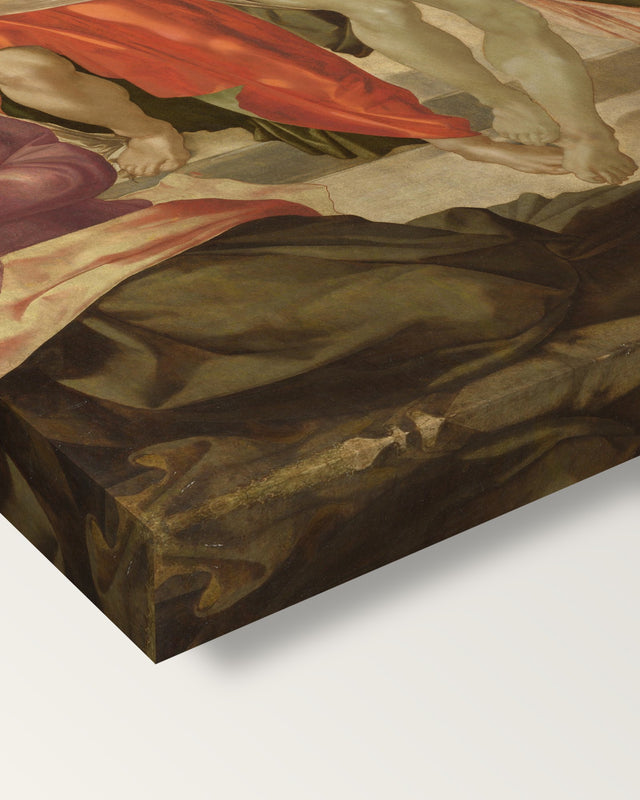 The Entombment by Michelangelo on stretched canvas, corner close-up: the painting mirror-wrapped round the sides