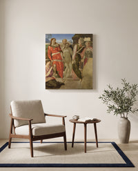 The Entombment by Michelangelo as a stretched canvas above a linen lounge chair in a reading corner