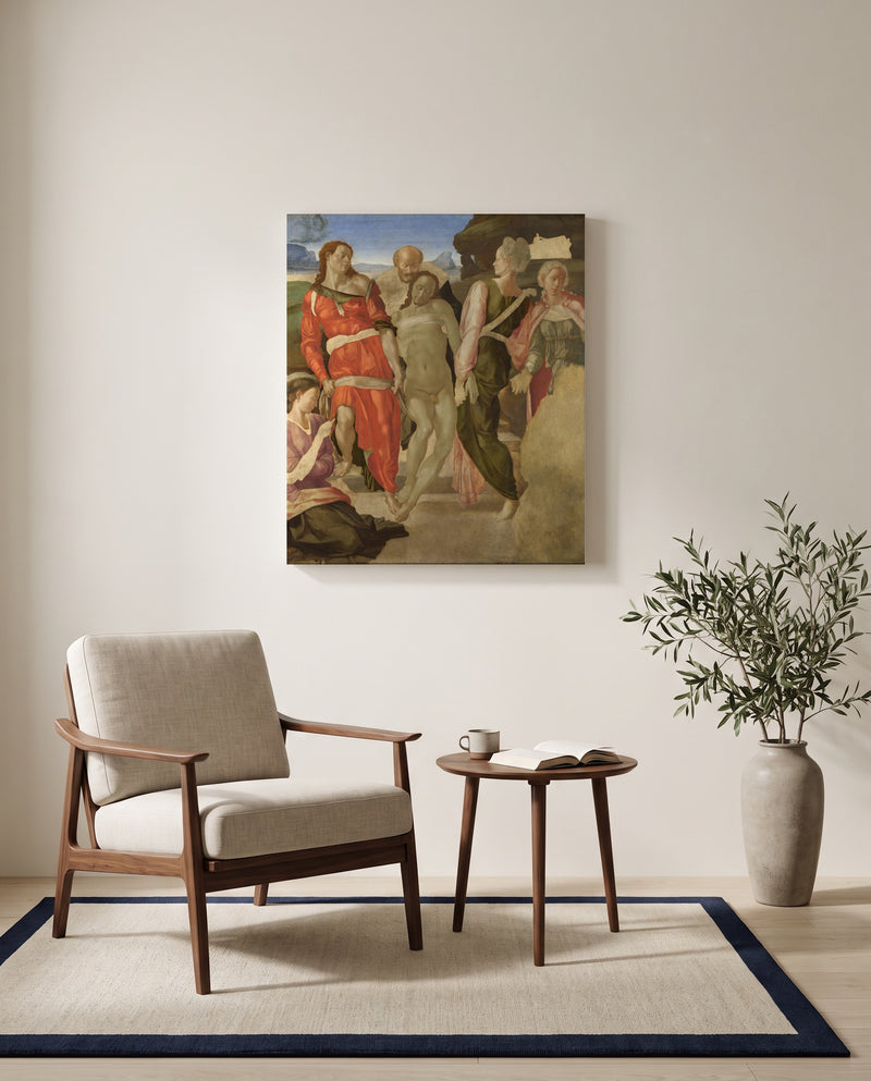 The Entombment by Michelangelo as a stretched canvas above a linen lounge chair in a reading corner