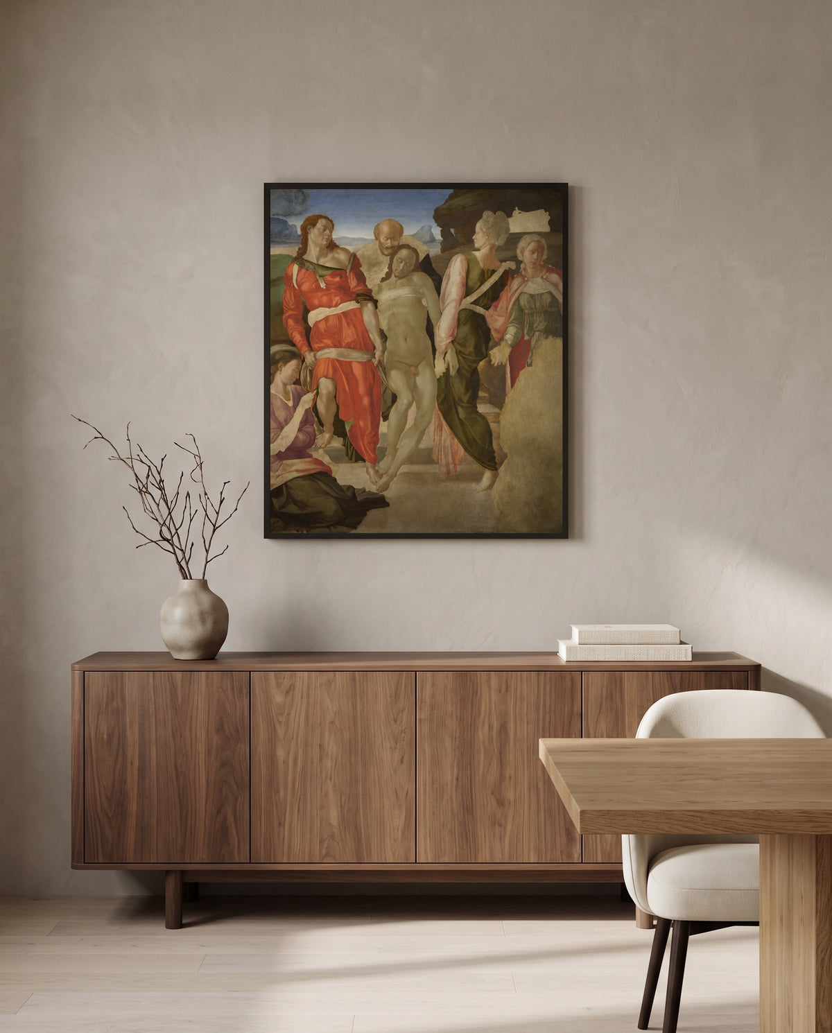 The Entombment by Michelangelo in a black frame above a walnut sideboard in a dining room