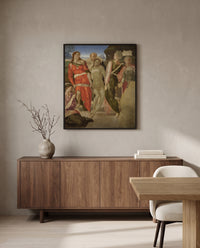 The Entombment by Michelangelo in a black frame above a walnut sideboard in a dining room