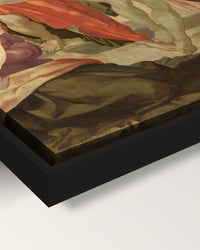 The Entombment framed canvas, corner close-up: the canvas in a slim black floating frame, its painted edge in the shadow gap
